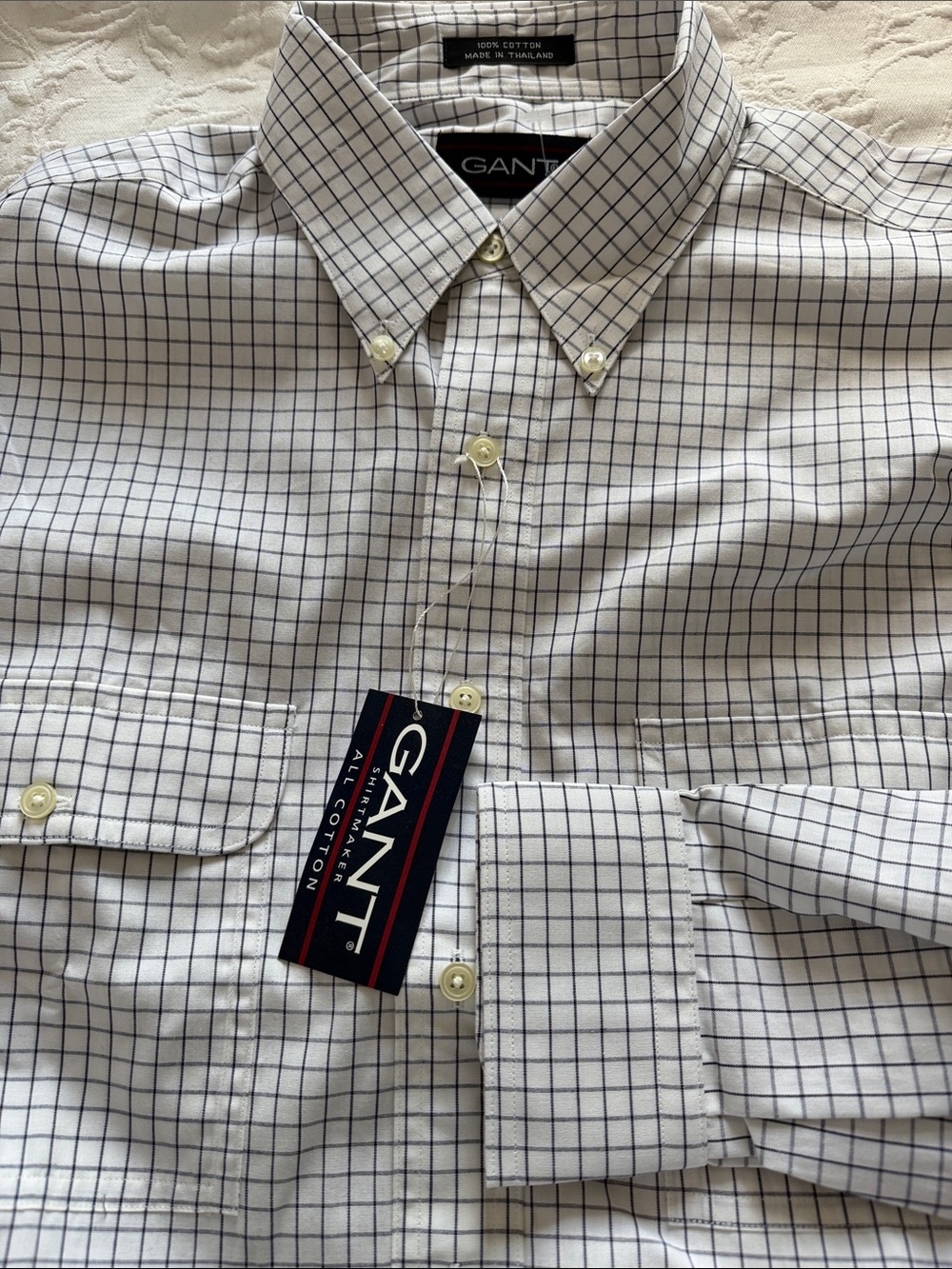 Gant White Shirt with Navy Windowpane Check Button-Down size 15,5 33/32